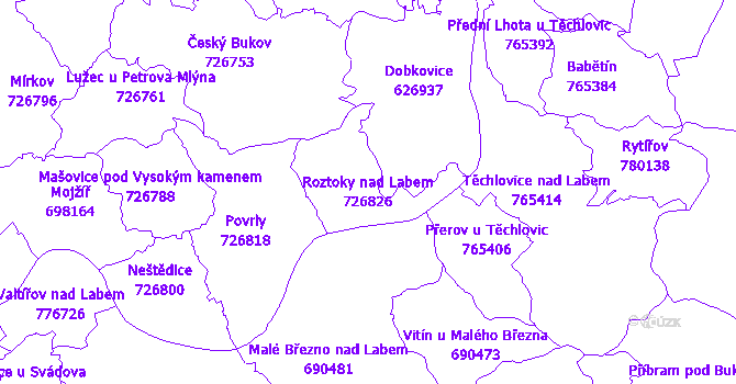 Katastrální mapa Roztoky nad Labem - přehledová mapa katastrálního území