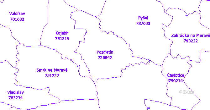 Katastrální mapa Pozďatín - přehledová mapa katastrálního území