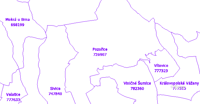 Katastrální mapa Pozořice - přehledová mapa katastrálního území