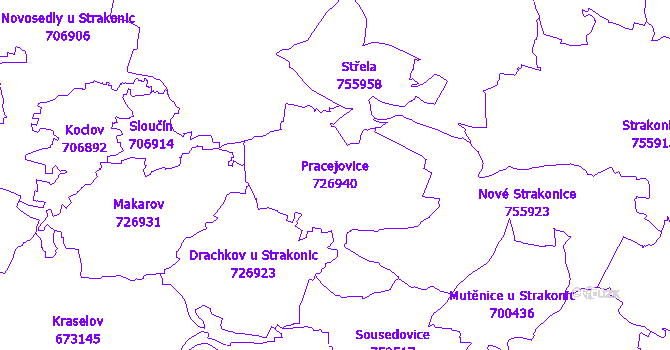 Katastrální mapa Pracejovice - přehledová mapa katastrálního území