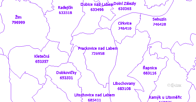Katastrální mapa Prackovice nad Labem - přehledová mapa katastrálního území