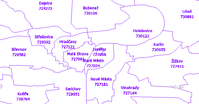 Katastrální mapa Josefov - přehledová mapa katastrálního území