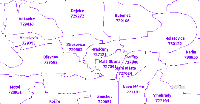 Katastrální mapa Hradčany - přehledová mapa katastrálního území