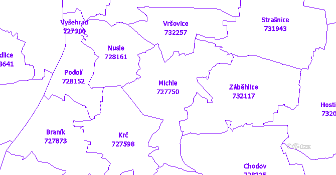 Katastrální mapa Michle - přehledová mapa katastrálního území