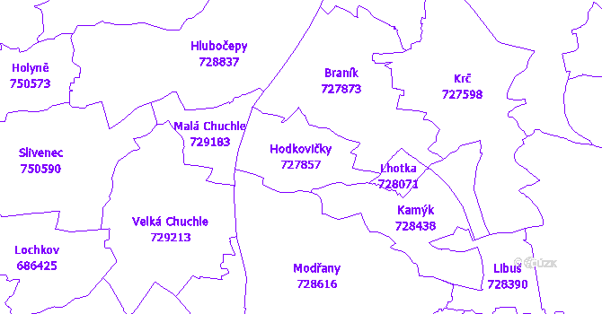 Katastrální mapa Hodkovičky - přehledová mapa katastrálního území