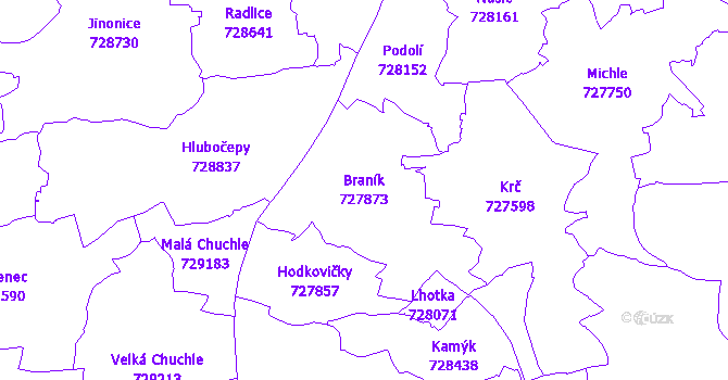 Katastrální mapa Braník - přehledová mapa katastrálního území