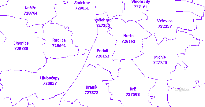 Katastrální mapa Podolí - přehledová mapa katastrálního území