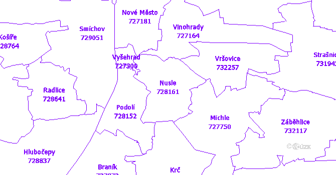 Katastrální mapa Nusle - přehledová mapa katastrálního území