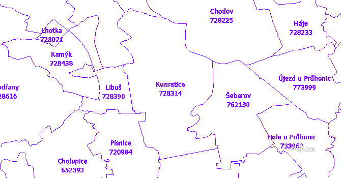 Katastrální mapa Kunratice - přehledová mapa katastrálního území