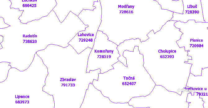 Katastrální mapa Komořany - přehledová mapa katastrálního území