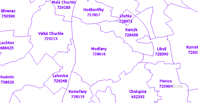 Katastrální mapa Modřany - přehledová mapa katastrálního území
