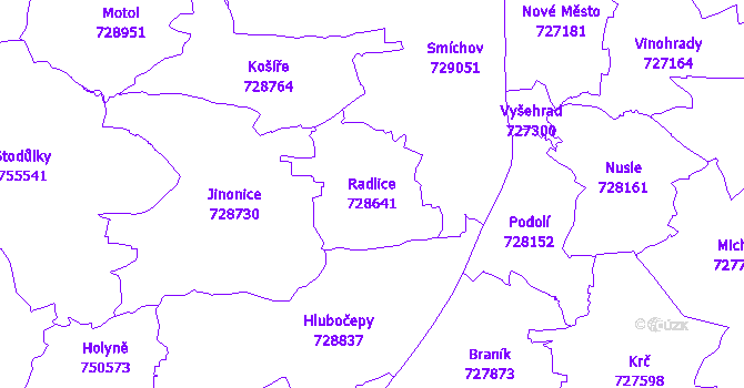 Katastrální mapa Radlice - přehledová mapa katastrálního území