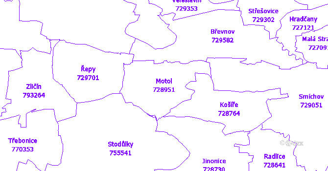 Katastrální mapa Motol - přehledová mapa katastrálního území