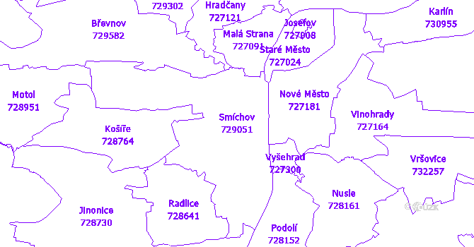 Katastrální mapa Smíchov - přehledová mapa katastrálního území