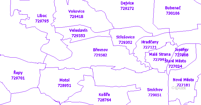 Katastrální mapa Břevnov - přehledová mapa katastrálního území