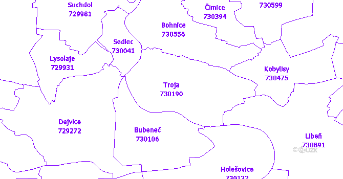 Katastrální mapa Troja - přehledová mapa katastrálního území