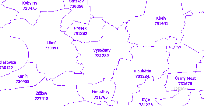 Katastrální mapa Vysočany - přehledová mapa katastrálního území