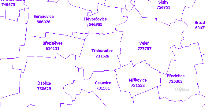 Katastrální mapa Třeboradice - přehledová mapa katastrálního území