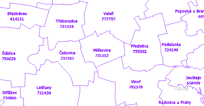 Katastrální mapa Miškovice - přehledová mapa katastrálního území