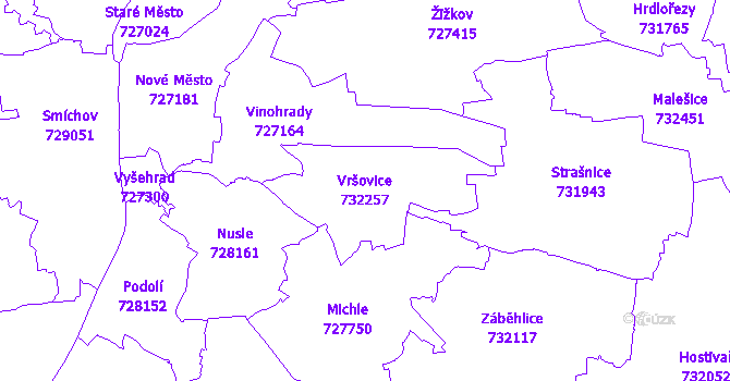 Katastrální mapa Vršovice - přehledová mapa katastrálního území