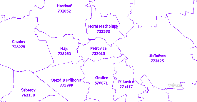 Katastrální mapa Petrovice - přehledová mapa katastrálního území