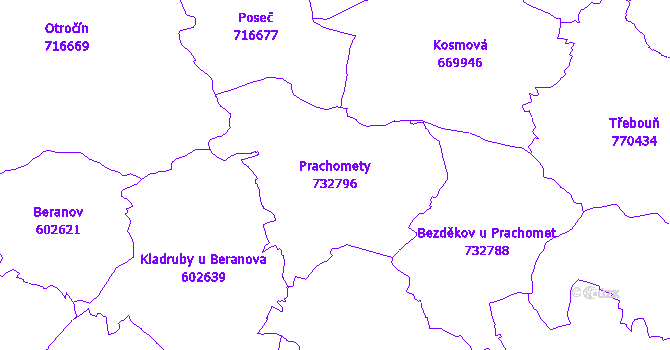 Katastrální mapa Prachomety - přehledová mapa katastrálního území