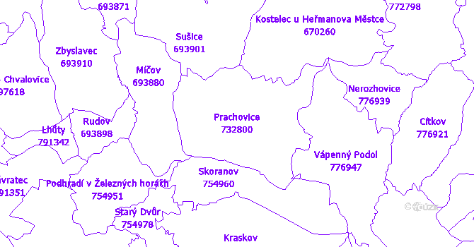 Katastrální mapa Prachovice - přehledová mapa katastrálního území