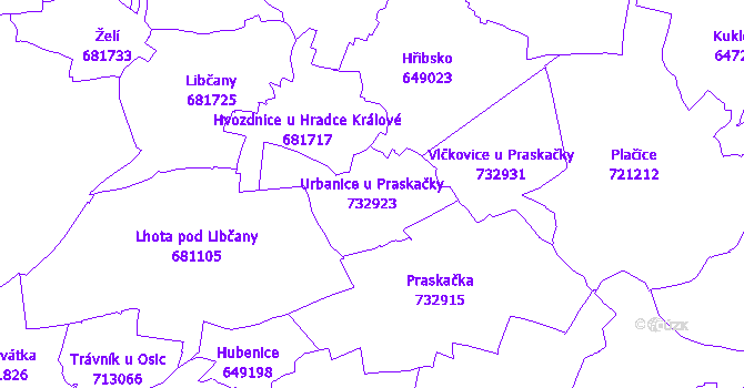 Katastrální mapa Urbanice u Praskačky - přehledová mapa katastrálního území