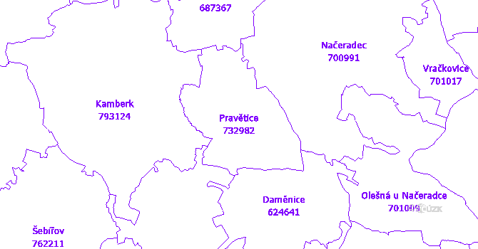 Katastrální mapa Pravětice - přehledová mapa katastrálního území