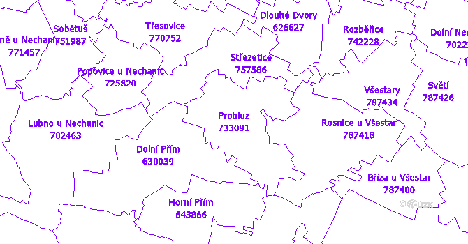 Katastrální mapa Probluz - přehledová mapa katastrálního území