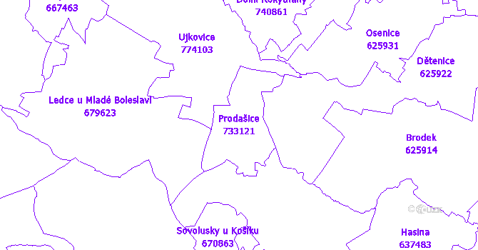 Katastrální mapa Prodašice - přehledová mapa katastrálního území
