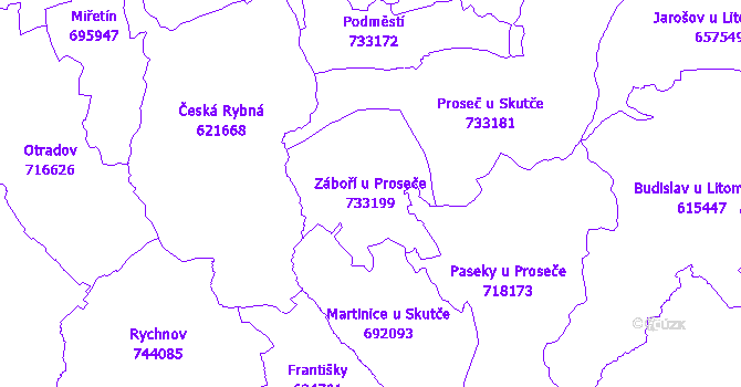 Katastrální mapa Záboří u Proseče - přehledová mapa katastrálního území
