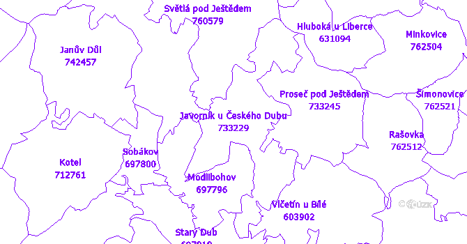 Katastrální mapa Javorník u Českého Dubu - přehledová mapa katastrálního území