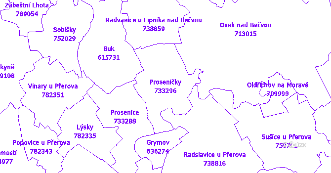 Katastrální mapa Proseničky - přehledová mapa katastrálního území