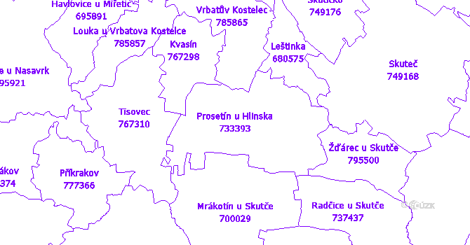 Katastrální mapa Prosetín u Hlinska - přehledová mapa katastrálního území