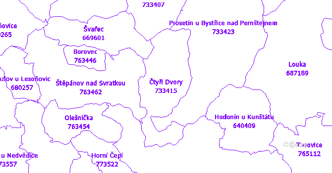 Katastrální mapa Čtyři Dvory - přehledová mapa katastrálního území