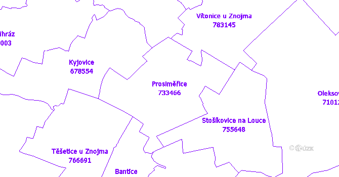 Katastrální mapa Prosiměřice - přehledová mapa katastrálního území