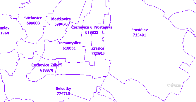 Katastrální mapa Krasice - přehledová mapa katastrálního území