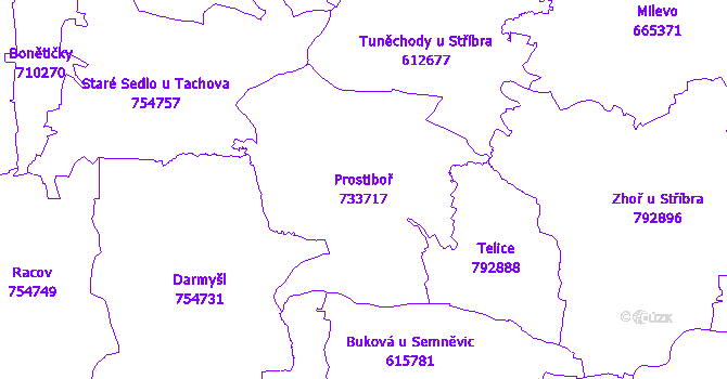 Katastrální mapa Prostiboř - přehledová mapa katastrálního území