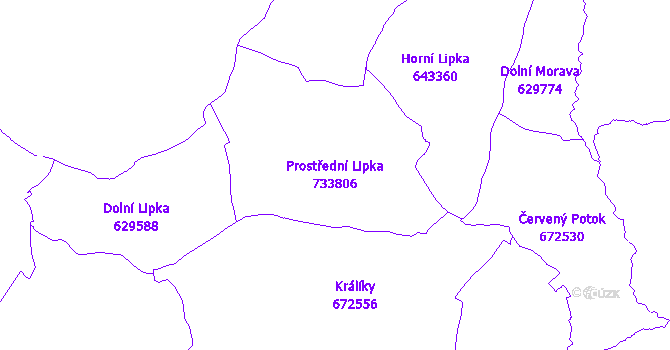 Katastrální mapa Prostřední Lipka - přehledová mapa katastrálního území