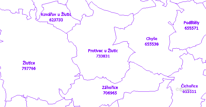 Katastrální mapa Protivec u Žlutic - přehledová mapa katastrálního území