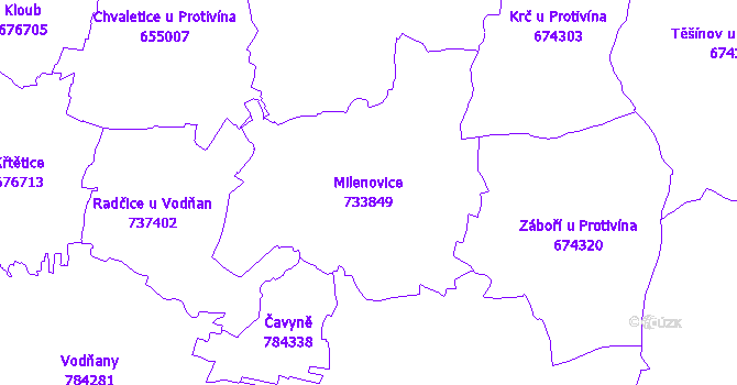 Katastrální mapa Milenovice - přehledová mapa katastrálního území