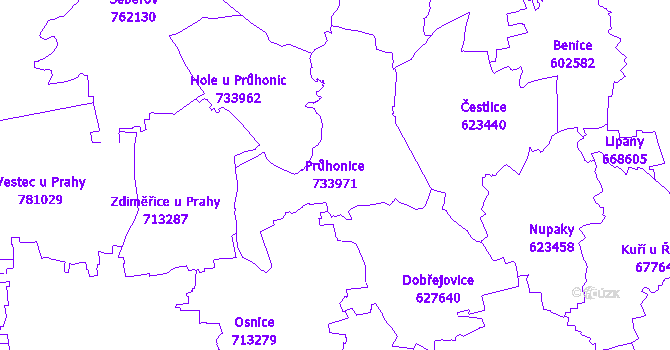 Katastrální mapa Průhonice - přehledová mapa katastrálního území