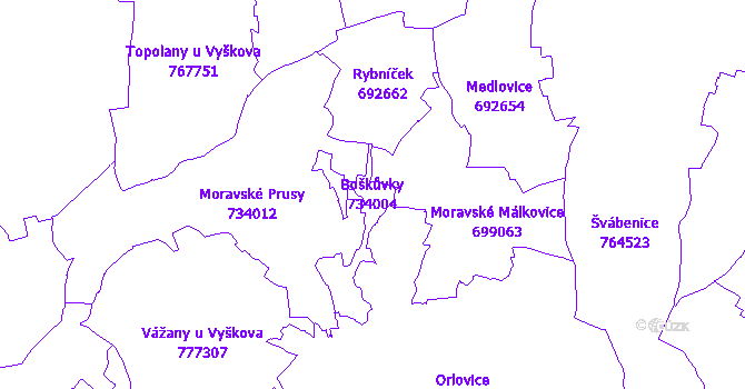 Katastrální mapa Boškůvky - přehledová mapa katastrálního území