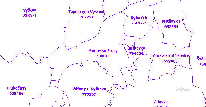Katastrální mapa Moravské Prusy - přehledová mapa katastrálního území