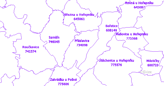 Katastrální mapa Přáslavice - přehledová mapa katastrálního území