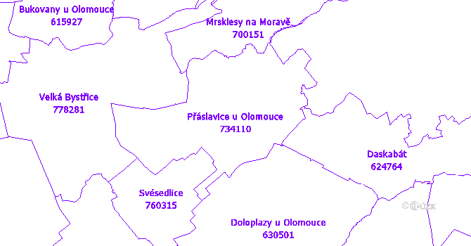Katastrální mapa Přáslavice u Olomouce