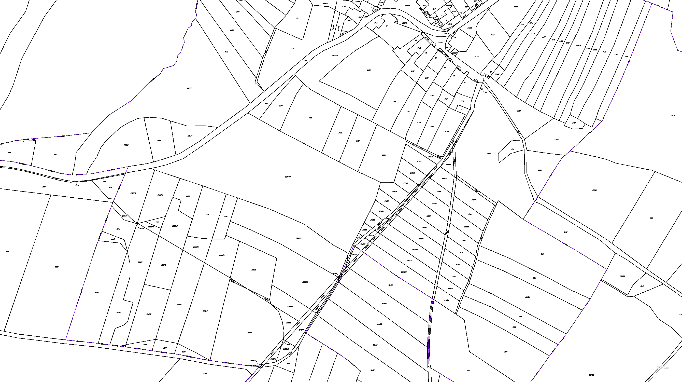 Katastrální mapa pozemků a čísla parcel Hory u Předína