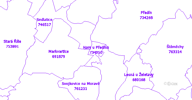 Katastrální mapa Hory u Předína - přehledová mapa katastrálního území