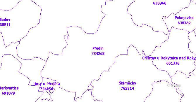 Katastrální mapa Předín - přehledová mapa katastrálního území